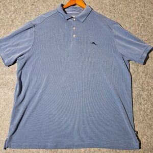 Tommy Bahama Islandzone Mens XXL Blue Pinstripe Short Sleeve Polo Shirt Tencel